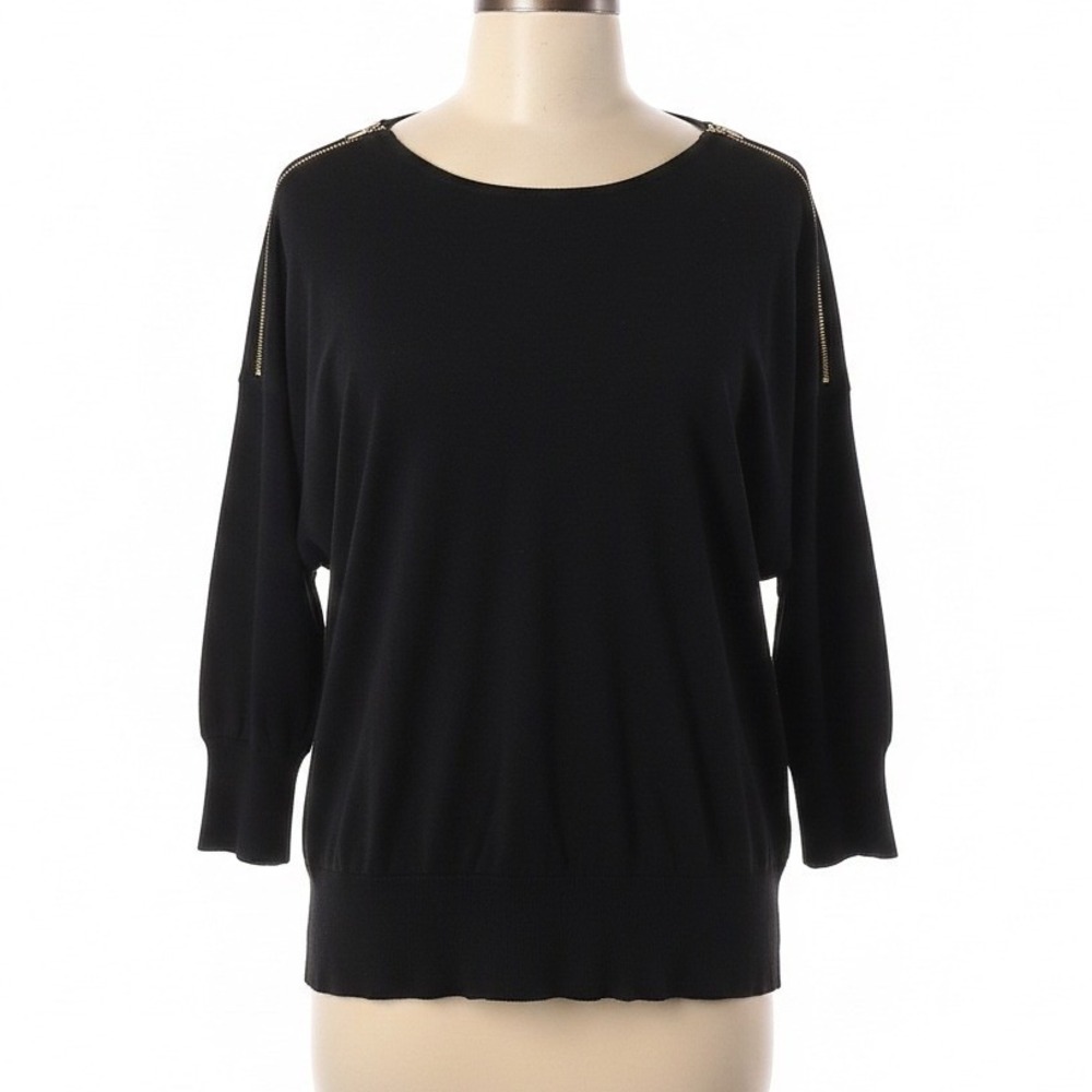 Roz & Ali Sweater Women Medium Black Gold Shoulder Zipper Batwing 3/4 Sleeve Top